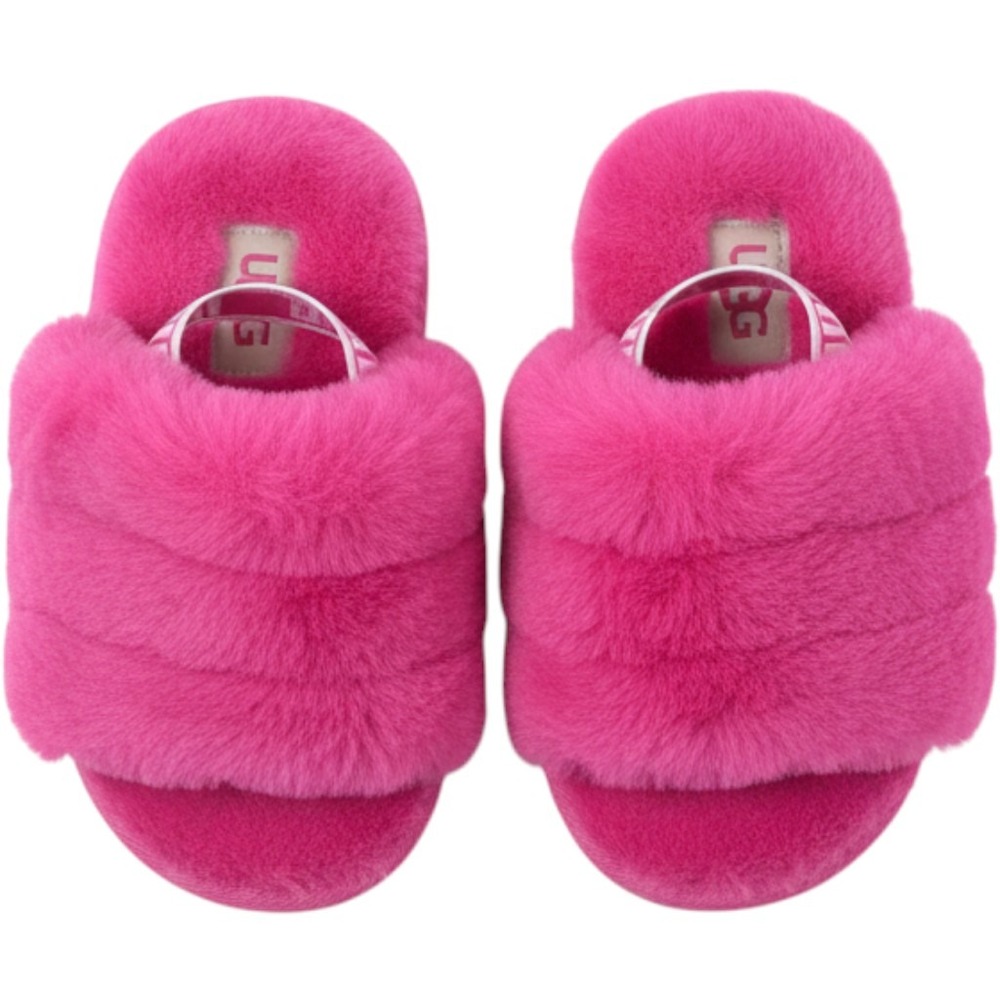 UGG Fluff Yeah Slide Infant Pink Sheepskin Slingback Sandals Logo Strap NEW